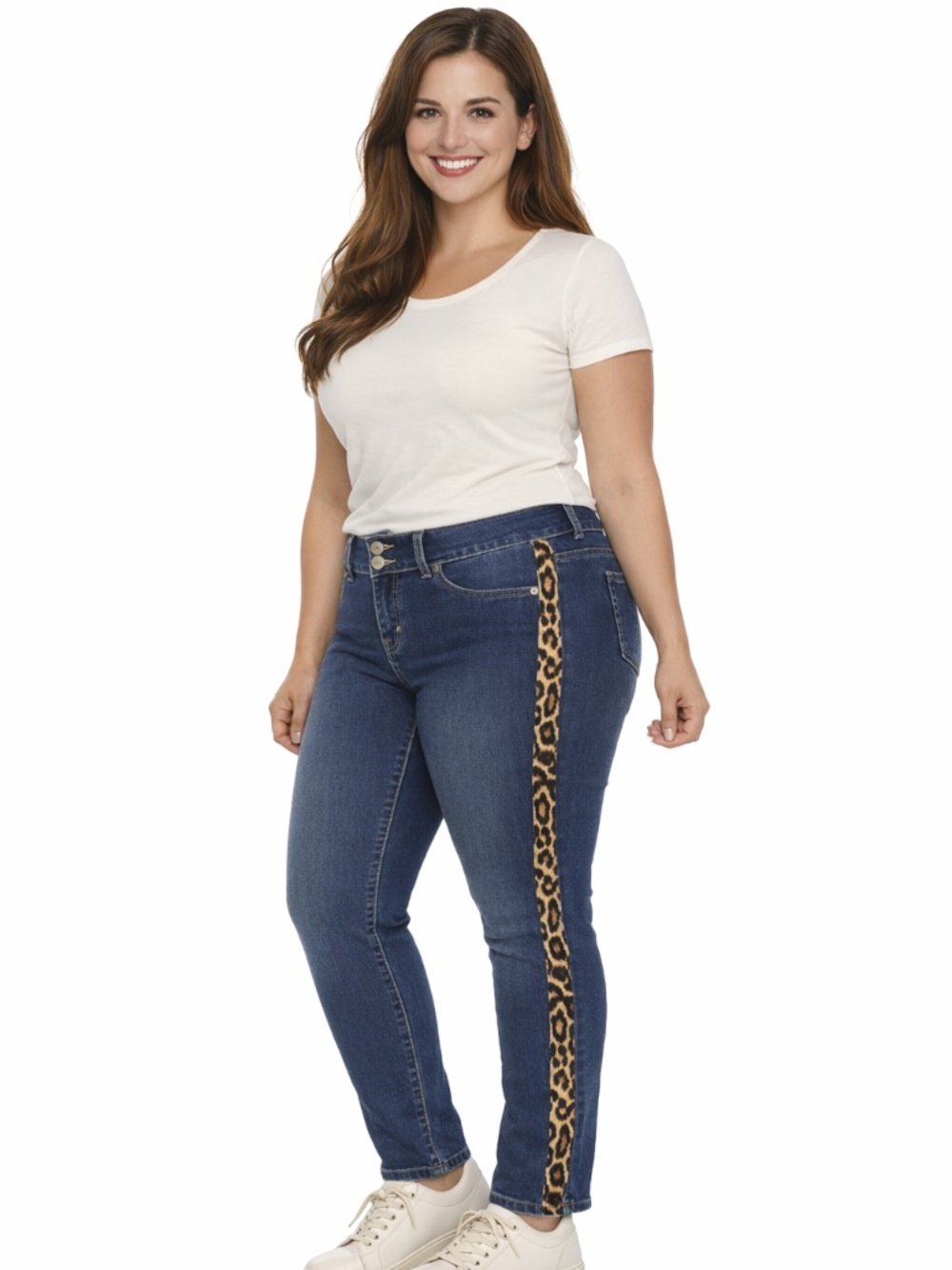 White Mark Plus Size 16 Super Stretch Denim with Cheetah Pannel Blue NWT